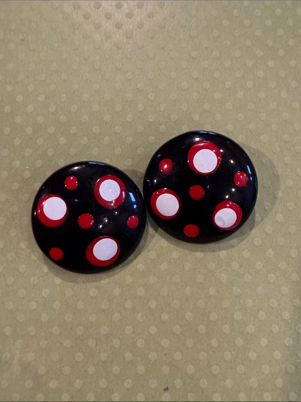 1960’s Black Resin Button Earrings with Red and White Polka Dots